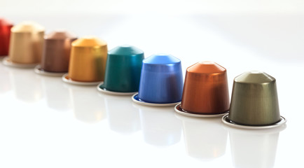 Espresso coffee pods on white background, Closeup view with details, copy space