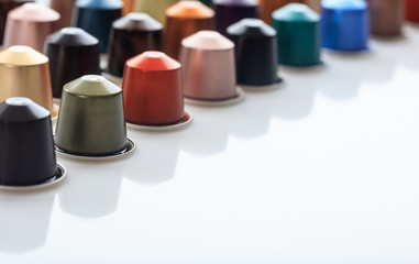 Espresso coffee pods on white background, Closeup view with details, copy space