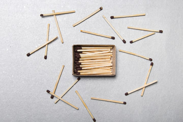 The concept of chaos and order. Chaotic match boxes lying around with the order of stacked matches