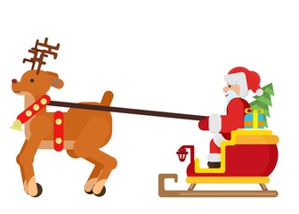 a reindeer drives a sleigh with Santa Claus and a Christmas tree