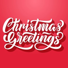 Christmas greetings brush hand lettering, with 3d shadow on retro red background. Vector type illustration. Can be used for holidays festive design.