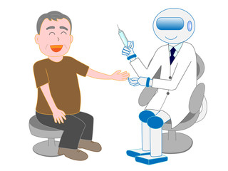 人工知能を持ったロボットの医者が患者に注射をしている