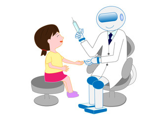 人工知能を持ったロボットの医者が患者に注射をしている
