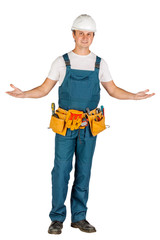 Full length portrait of a male builder in with helmet  over white wall background. repair, construction, building, people and maintenance concept.
