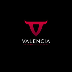 V monogram. Valencia logo. Steakhouse restaurant or butcher shop and grill. A letter with horns, like a bull's head.