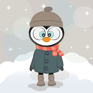 Cute winter penguin in a coat with hat and scarf...