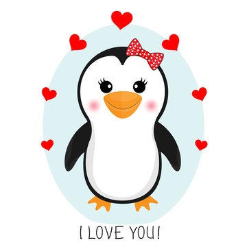 Little cute  penguin with a red hearts.  Greetig card..