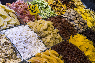 Spices sweets tea herbs on the shelves of the Egyptian bazaar in Turkey in Istanbul.