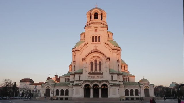 The St. Alexander Nevsky Cathedral is a Bulgarian Orthodox Christian cathedral in Sofia, the capital of Bulgaria. Filmed at sunset. ProRes file.
