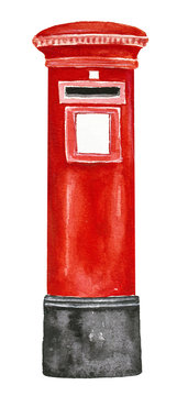 Red color British Post Pillar Box with aperture for stamped mail. Single object, standing, classic vertical design. Without writing. Hand drawn watercolour illustration, isolated on white background.