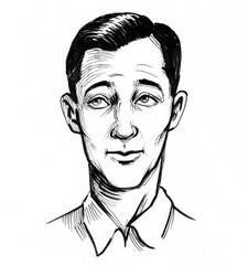 Thinking man. Black and white ink illustration.