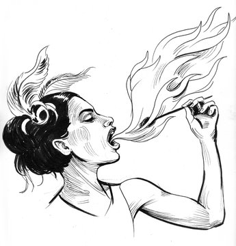 Beautiful woman fire eater. Black and white ink illustration