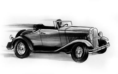 Speeding retro car. Black and white ink illustration