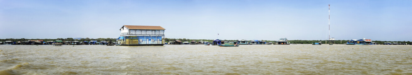 Panorama of Homes on stilts on the floating village of Kampong Phluk, Tonle Sap lake, Siem Reap province, Cambodia