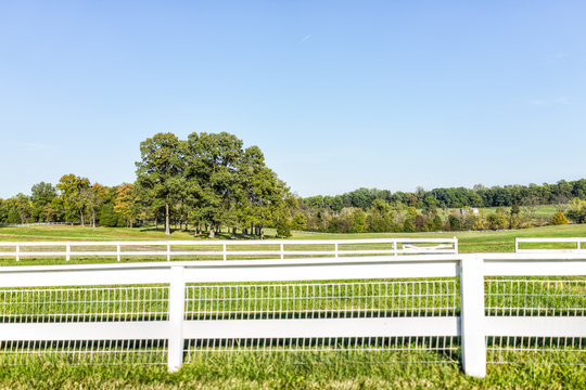 Closeup of white fence for horses on farm estate grounds in Virginia countryside