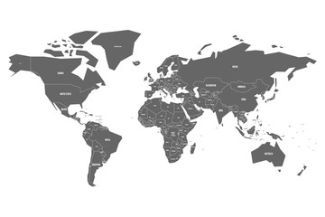 Simplified map of World in grey with country name labeling. Schematic vector map with small states or ministates.