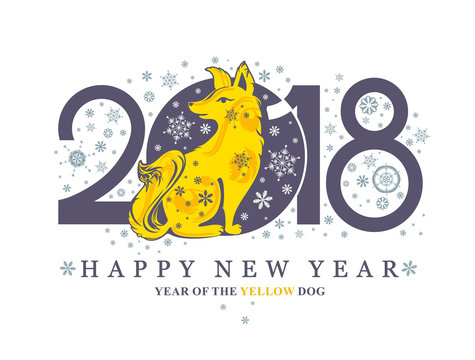 Yellow Dog. Beautiful New Years card with a puppy, snowflakes and numbers. Dog, symbol of 2018 on the Chinese calendar.
