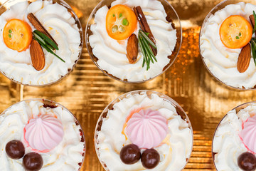 Variety of panacota italian desserts in glass