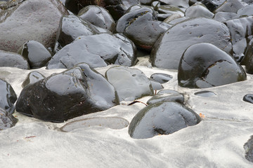 Nasse, schwarze Steine am hellen Sandstrand in den Westfjorden / Island