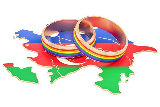 Azerbaijan map with LGBT rainbow rings, 3D rendering