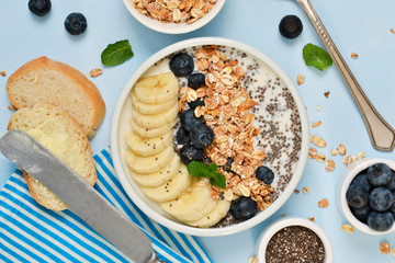 Good morning! A light breakfast of yogurt and granola with chia seeds, bananas, blueberries and bread toast.