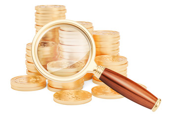 Golden coins with magnifier, 3D rendering