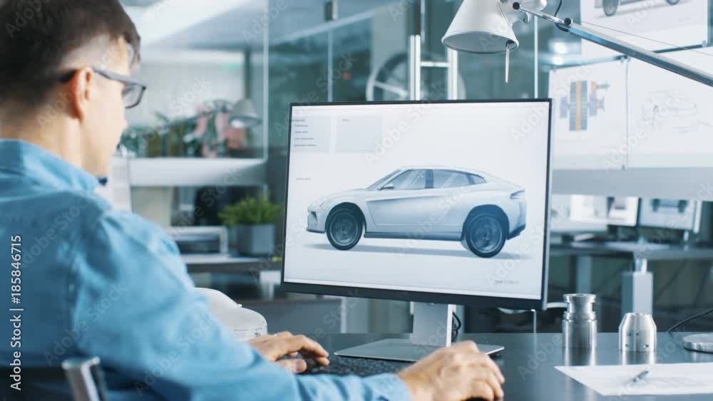 Poster automotive engineer works on the personal computer, he perfects new car model prototype sketch. he w