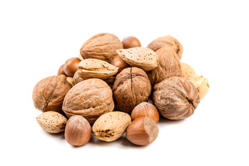 Mixed nuts in shell on a white background