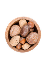 Mixed nuts in shell  in a bowl on a white background