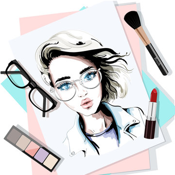 Stylish Table Set With Hand Drawn Woman Portrait, Papers, Lipstick, Eyeglasses, Brush And Eyeshadows. Sketch. Vector Illustration.