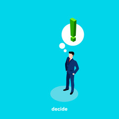 man in business suit and exclamation mark above him, isometric image