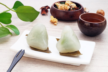 Matcha ice dumplings on the white plate 