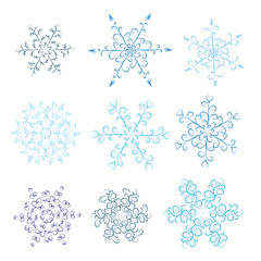 Set of hand-drawn black-and-white snowflake 