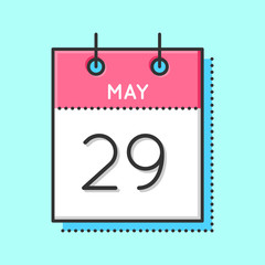 May Calendar Icon. Flat and thin line vector illustration. Spring calendar sheet on light blue background. May 29th.