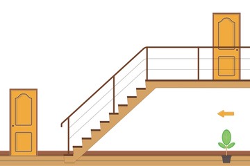 Interior bright room with stairs and two doors ,flat style vector illustration.