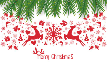 Christmas background with Christmas res balls, snowflakes, on white background