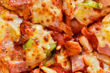 Hot pizza slice with  bell pepper vegetables delicious tasty fast food italian traditional on wooden board table classic,select focus.