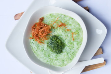 Baby food , Bowl with healthy baby food on table.