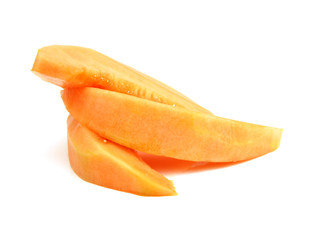 Several freshly cut cantaloupe slices on a white background.