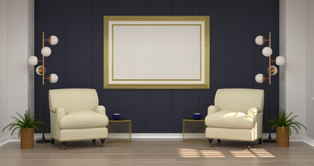 mock up golden photo frame and two armchairs in luxury empty room 3D rendering Contemporary living rooms sofa in vintage room with lamp