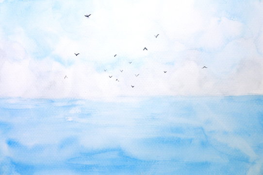 watercolor landscape sea and sky with birds