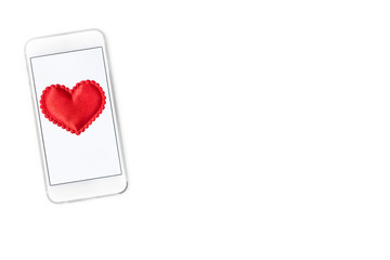 Smart phone with felt heart image in the center, on white background with room for text