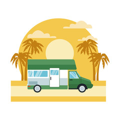 Caravan car vehicle on sunset landscape icon vector illustration