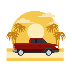 Pick up vehicle on sunset landscape icon vector illustration