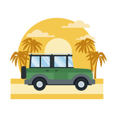 SUV sport vehicle on sunset landscape icon vector illustration