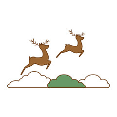 group of reindeer jumping scene vector illustration design