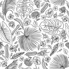 Vector sketch black and white set seamless pattern. The leaves of tropical plants and exotic flowers buds. Graphic outline drawing collection herb and vegetation monsoon rainforest.