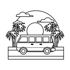 Vintage van vehicle on sunset landscape icon vector illustration