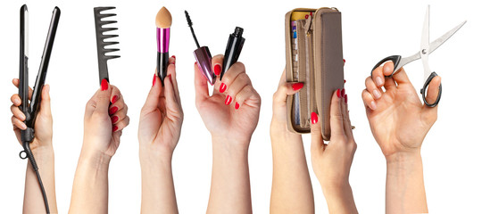 many hands with make up items