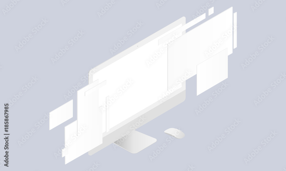 Wall mural monitor with blank screen and web wireframing pages - perspective view. isometric mockup to showcase